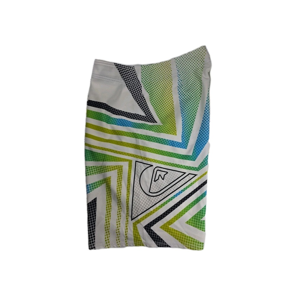 VINTAGE QUICKSILVER BOARD SHORTS, WHITE WITH GEOMETRIC PATTERN, POCKET READ